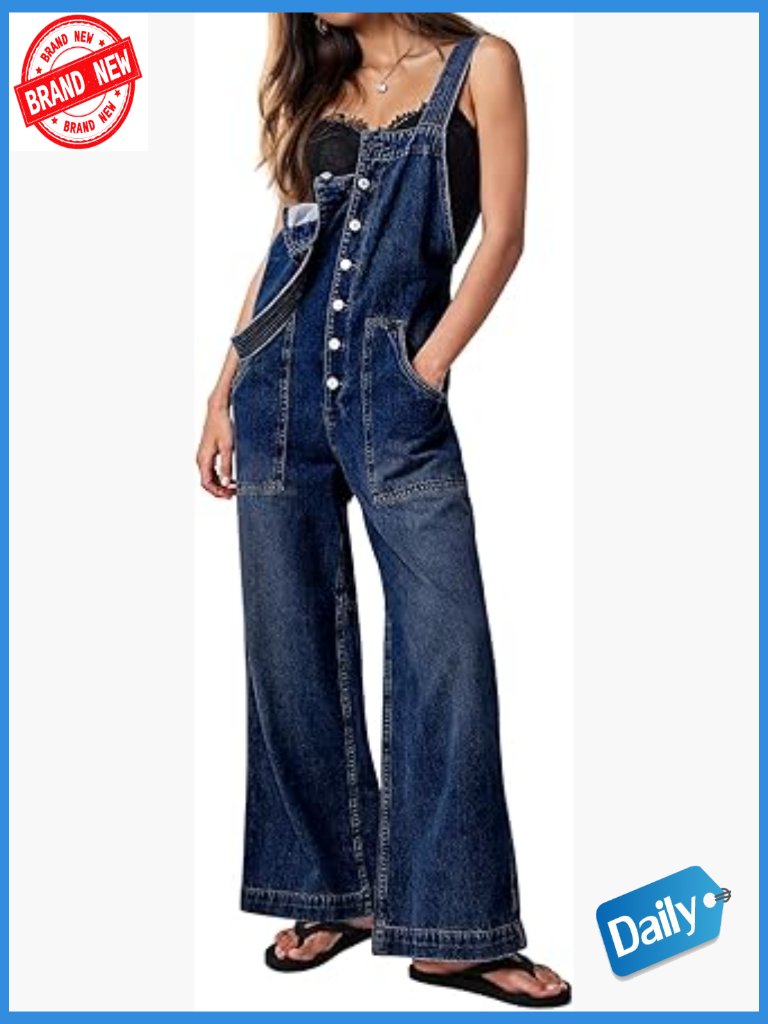 Wide Leg Denim Jumpsuit Overalls With Pockets Adjustable Straps
